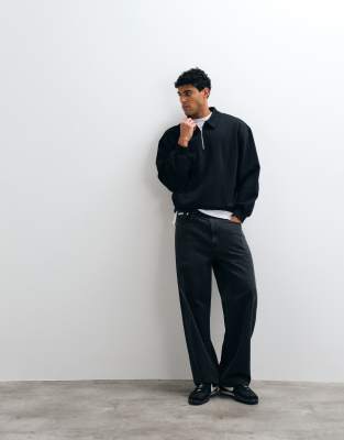 Asos Design Oversized Boxy Polo With Quarter Zip In Black