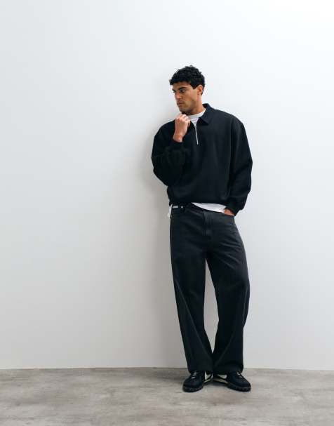 ASOS DESIGN oversized boxy polo with quarter zip in black - view 1