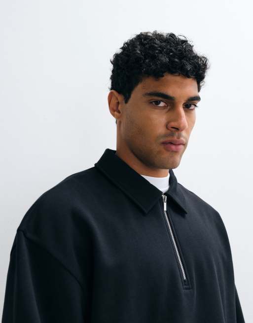 ASOS DESIGN oversized boxy polo with quarter zip in black, 3 of 5