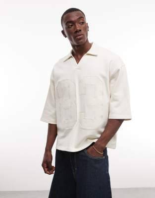 Asos Design Oversized Boxy Polo With Sport Print In White
