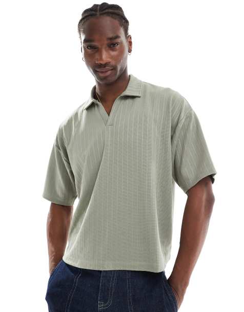 ASOS DESIGN oversized boxy polo with textured stripe in green - view 1