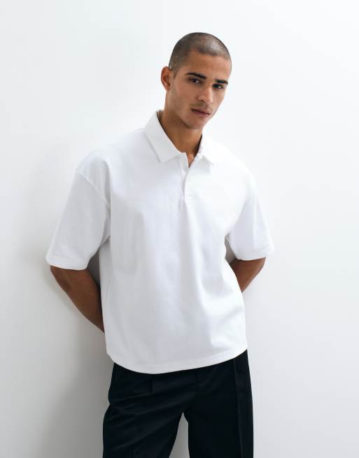 ASOS DESIGN oversized boxy poloshirt van interlock in wit, 3 van 5