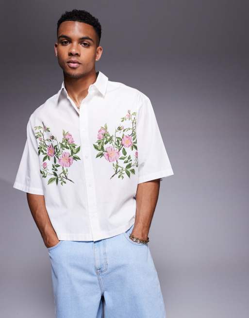 ASOS DESIGN oversized boxy poplin shirt with print in white