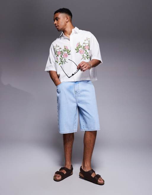 ASOS DESIGN oversized boxy poplin shirt with print in white
