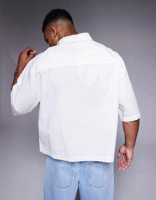 ASOS DESIGN oversized boxy poplin shirt with print in white