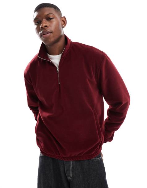 ASOS DESIGN oversized boxy quarter zip fleece sweatshirt in burgundy - view 1