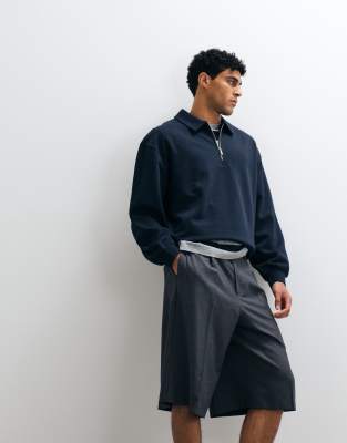 Asos Design Oversized Boxy Quarter Zip Polo In Blue