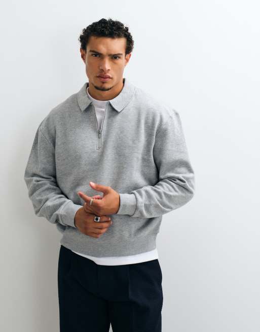 ASOS DESIGN oversized boxy quarter zip sweatshirt with collar in gray heather, 4 of 5