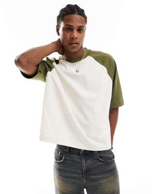 ASOS DESIGN oversized boxy raglan t-shirt with khaki contrast sleeves in cream-White