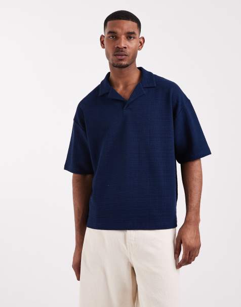 ASOS DESIGN boxy oversized revere polo in navy texture