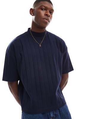Asos Design Oversized Boxy Rib High Neck T-shirt In Navy