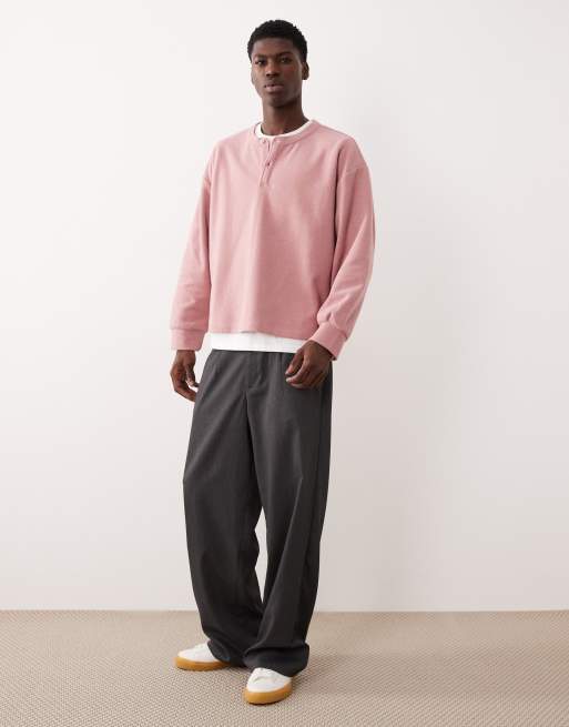 ASOS DESIGN oversized boxy ribbed henley long sleeve t-shirt in pink