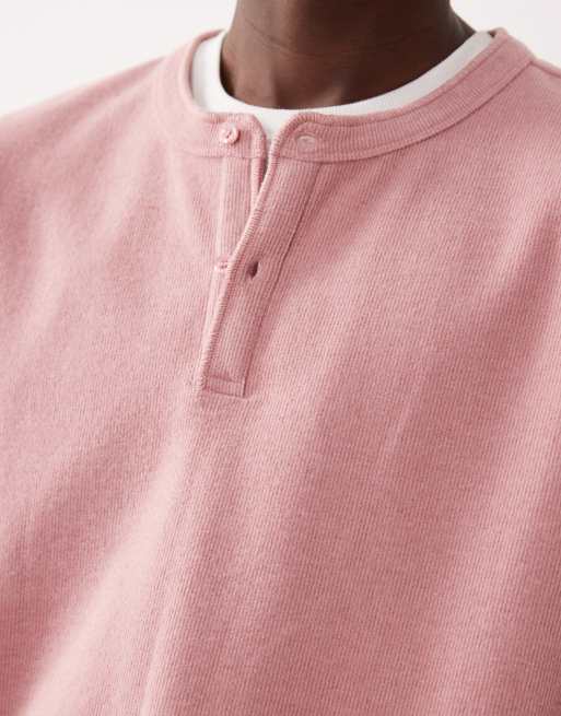 ASOS DESIGN oversized boxy ribbed henley long sleeve t-shirt in pink