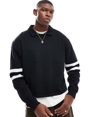 oversized boxy rugby polo sweatshirt with stripes in black