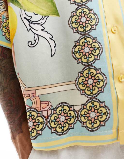 ASOS DESIGN oversized boxy satin shirt with citrus border print in multicolor , 4 of 4