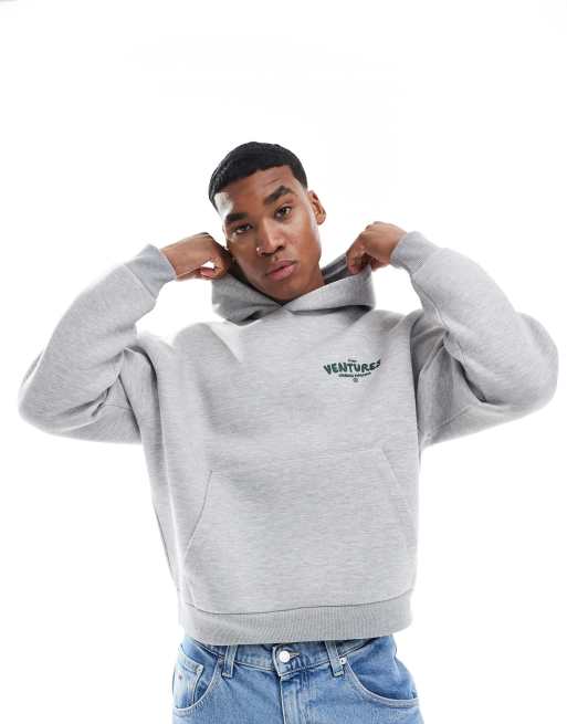 ASOS DESIGN oversized boxy scuba-style fabric hoodie with text graphic in grey, 2 of 4