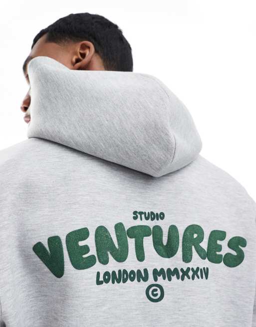 ASOS DESIGN oversized boxy scuba-style fabric hoodie with text graphic in grey, 4 of 4