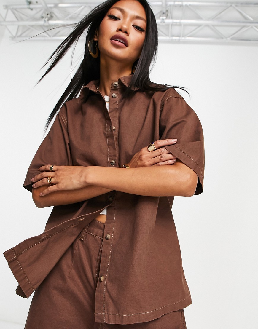 ASOS DESIGN oversized boxy shirt in brown co-ord