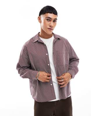 Asos Design Oversized Boxy Shirt In Burgundy Stripe-red