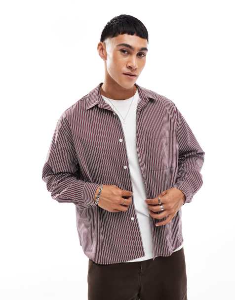 ASOS DESIGN oversized boxy shirt in burgundy stripe - view 1