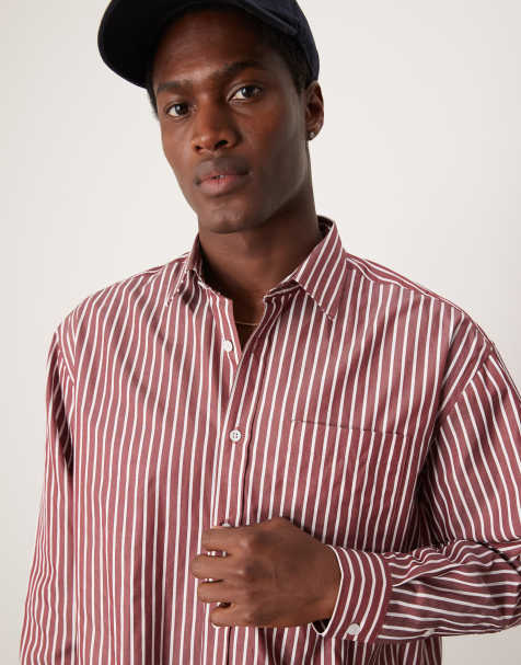 ASOS DESIGN oversized boxy shirt in burgundy stripe - view 1