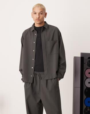 oversized boxy shirt in charcoal - part of a set-Gray