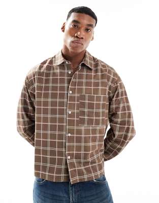 Asos Design Oversized Boxy Shirt In Cotton Slub Plaid-brown