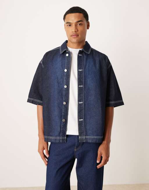 ASOS DESIGN oversized boxy shirt in indigo wash in ecru topstitch (part of a set)