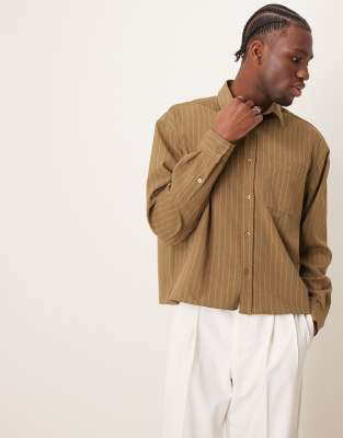 oversized boxy shirt in khaki stripe-Green