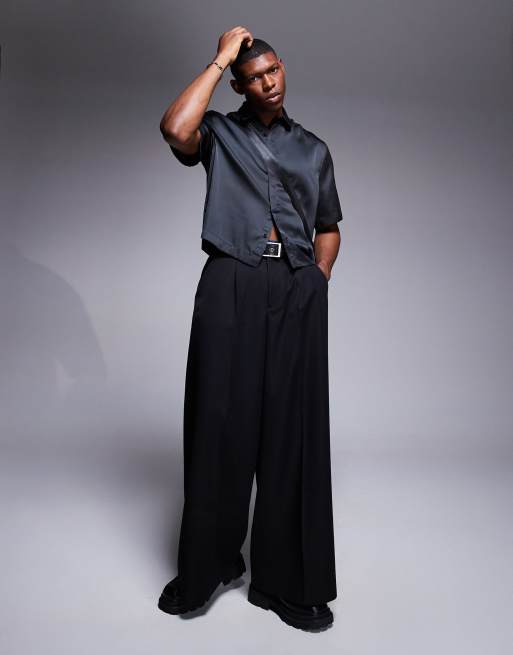 ASOS DESIGN oversized boxy shirt in trapped satin in black