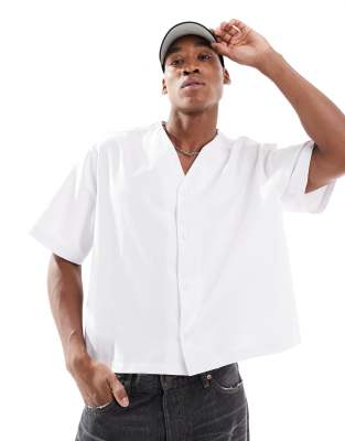 ASOS DESIGN oversized boxy shirt with baseball collar in white-Neutral