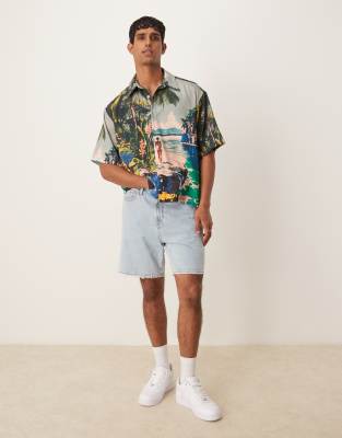 Asos Design Oversized Boxy Shirt With Beach Print In Green