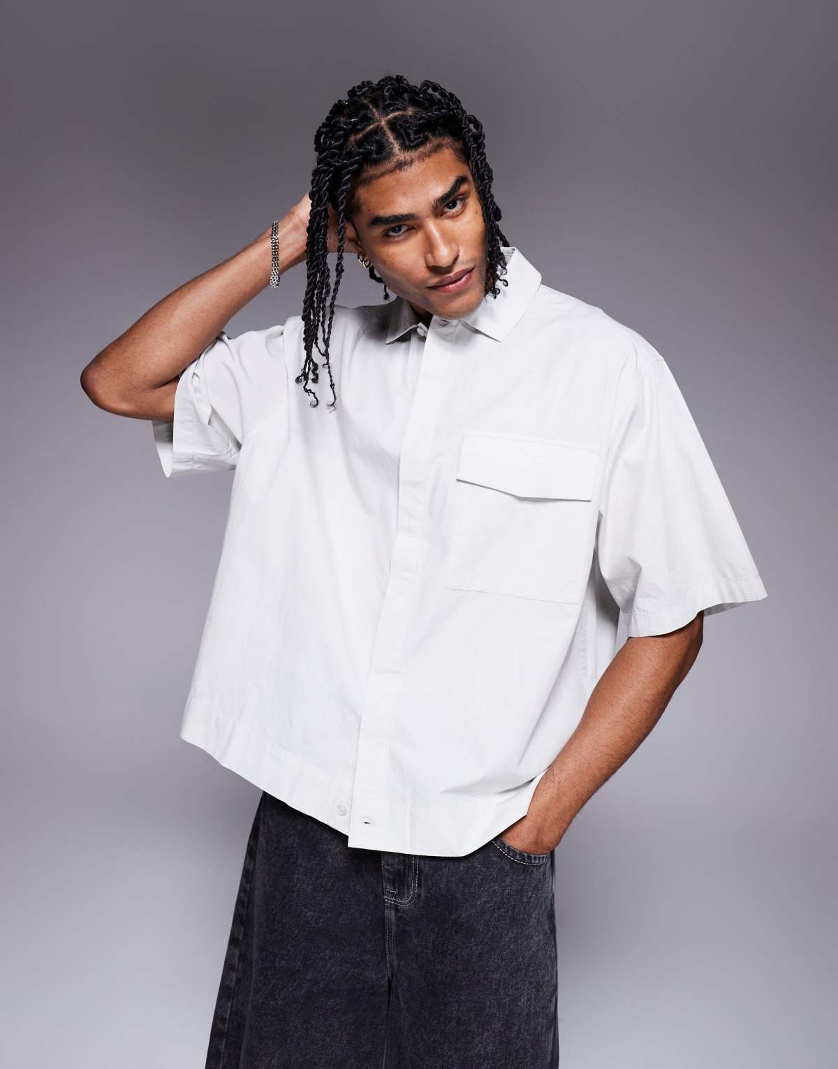 ASOS DESIGN oversized boxy shirt with concealed buttons in light grey