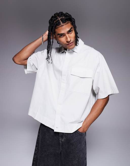ASOS DESIGN oversized boxy shirt with concealed buttons in light grey