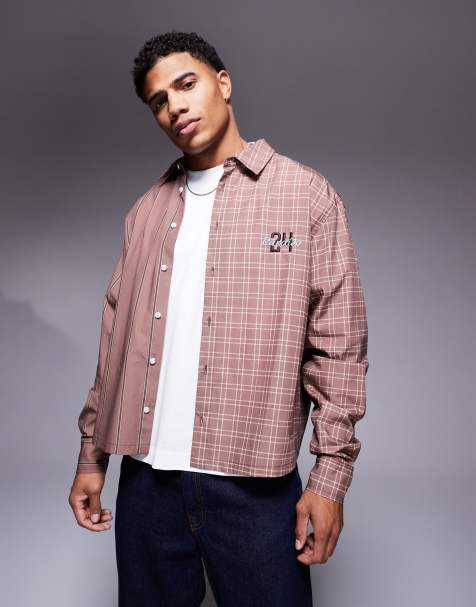 ASOS DESIGN oversized boxy shirt with contrast print and embroidered detail in brown - view 1