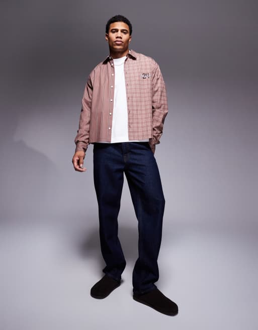 ASOS DESIGN oversized boxy shirt with contrast print and embroidered detail in brown, 3 of 4