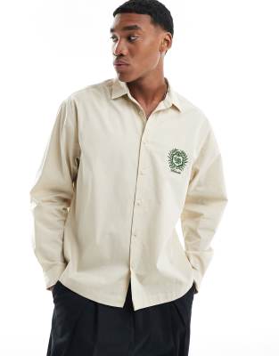 Asos Design Oversized Boxy Shirt With Embroidery In Neutral