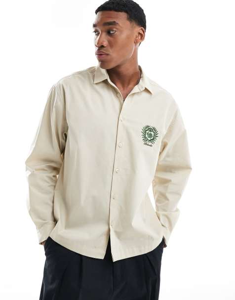ASOS DESIGN oversized boxy shirt with embroidery in beige - view 1