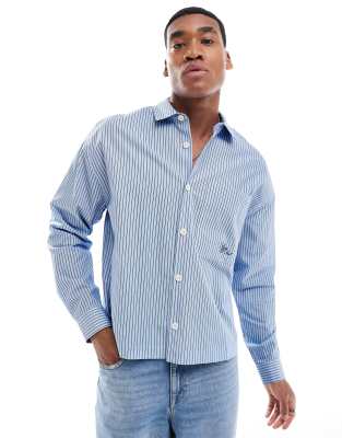 ASOS DESIGN oversized boxy shirt with embroidery in blue stripe - view 1