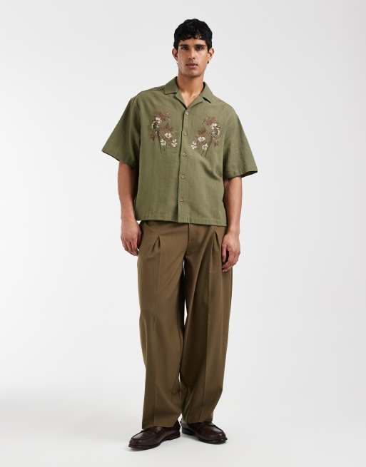 ASOS DESIGN oversized boxy shirt with floral chest embroidery in khaki green, 2 of 5