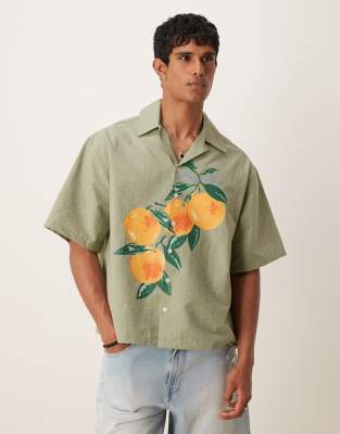 Asos Design Oversized Boxy Shirt With Orange Print In Green