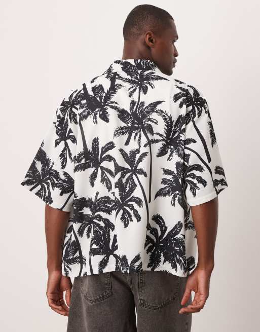 ASOS DESIGN oversized boxy shirt with palm print in mono, 2 of 4