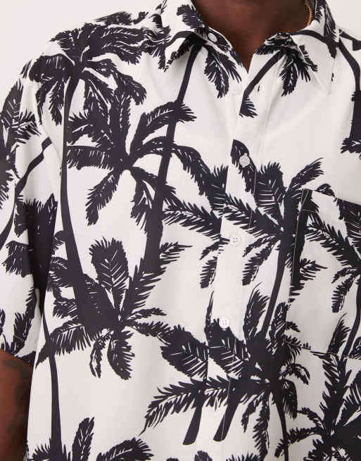 ASOS DESIGN oversized boxy shirt with palm print in mono, 4 of 4