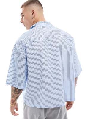 ASOS DESIGN oversized boxy shirt in blue stripe with embroidery