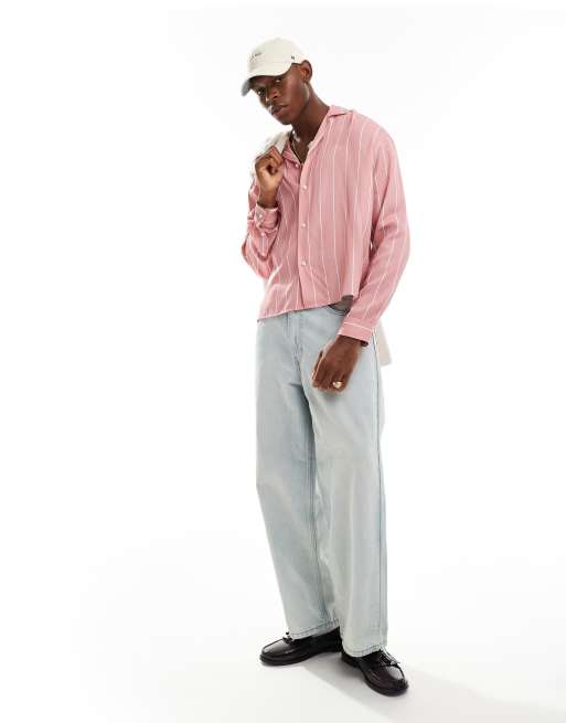 ASOS DESIGN oversized boxy shirt with revere collar in pink stripe 