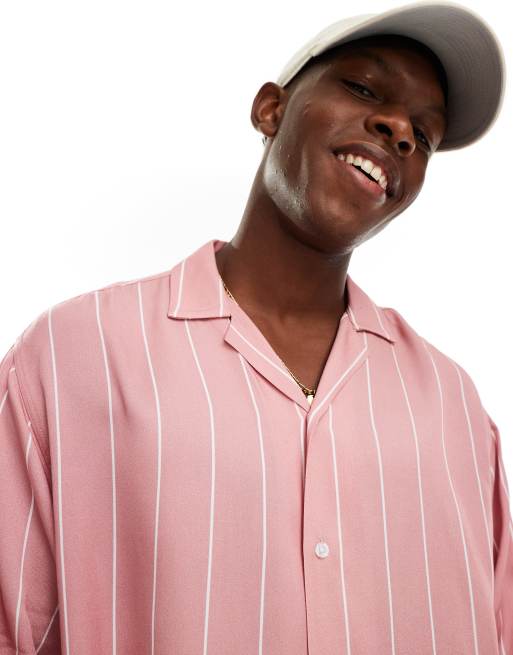 ASOS DESIGN oversized boxy shirt with revere collar in pink stripe 