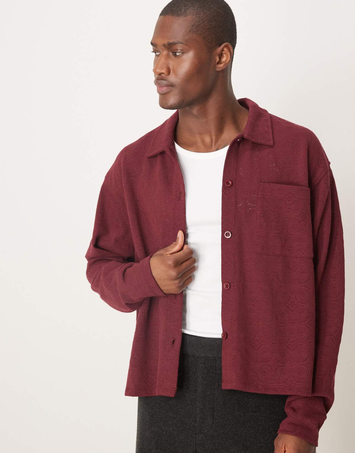 ASOS DESIGN oversized boxy shirt with summer knit in burgundy