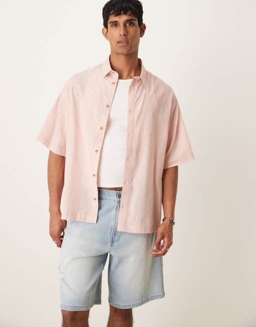 ASOS DESIGN oversized boxy square collar shirt in linen look in pink
