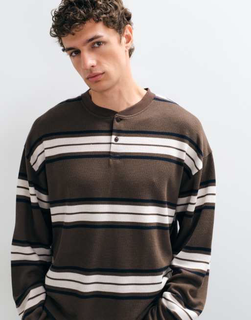 ASOS DESIGN oversized boxy stribet langærmet henley i brun vaffelstrik, 5 af 5