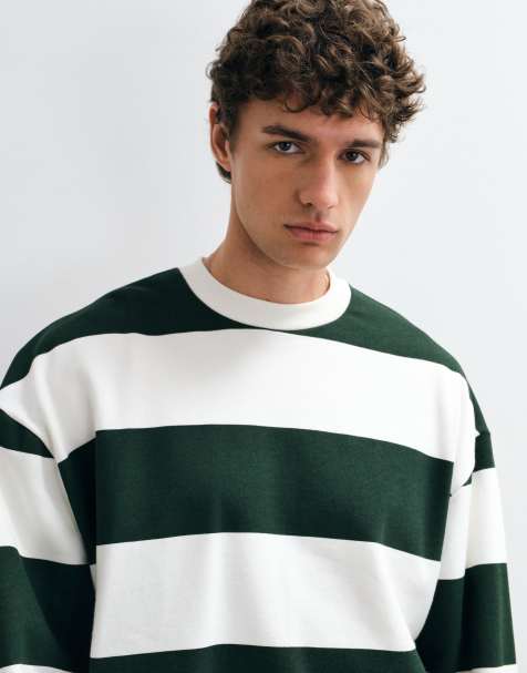 ASOS DESIGN oversized boxy stribet trøje med rund hals i mørkegrøn - view 1